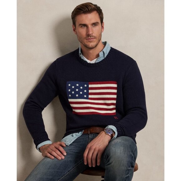 NWT Chaps Men  Iconic American Flag Sweater Navy Knit Sweater Preppy Academic XL - Picture 1 of 14